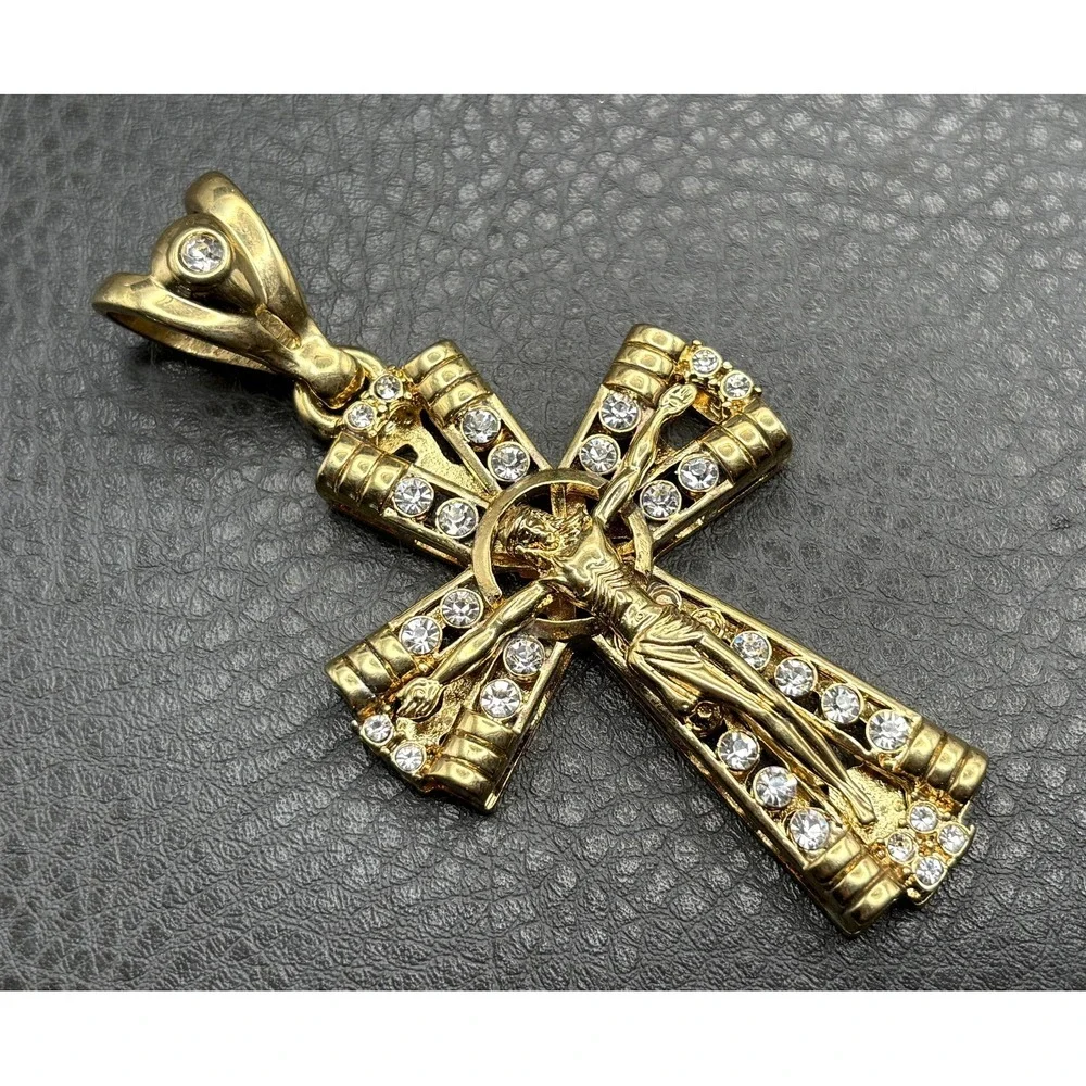 HUGE Gold Tone Crucifix Cross Pendant Jesus Clear Rhinestone Religious Jewelry
